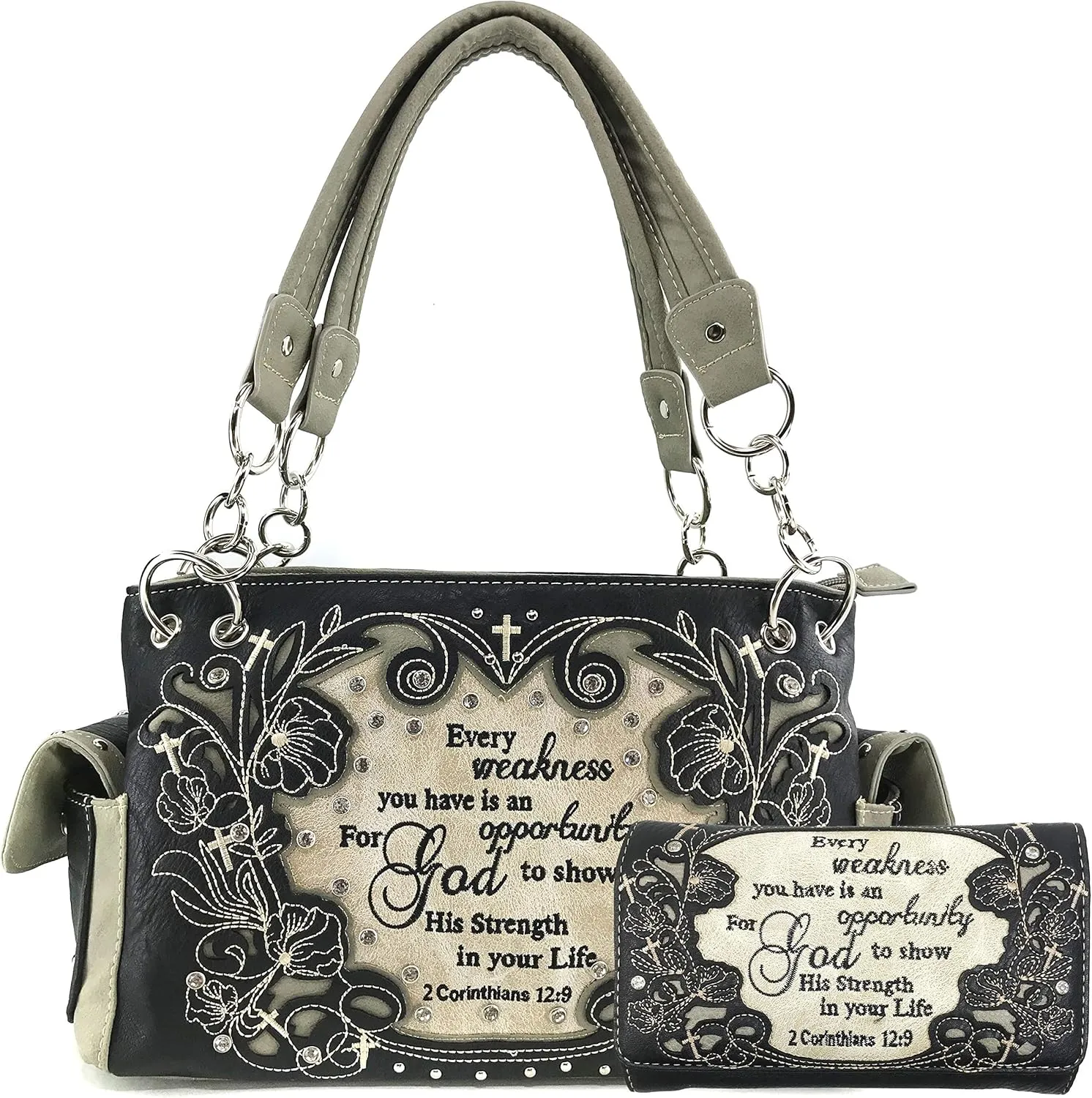 Justin West Embroidery Floral 2 Corinthians 12:9 Bible Verse Rhinestone Tote Shoulder Concealed Carry Handbag Messenger Purse