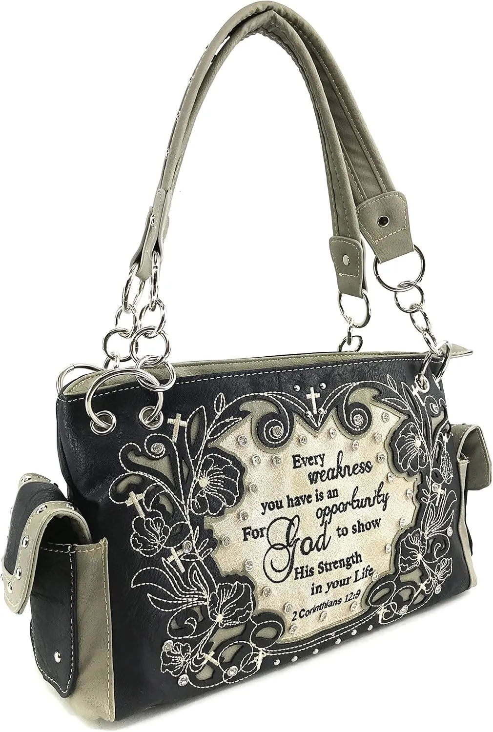 Justin West Embroidery Floral 2 Corinthians 12:9 Bible Verse Rhinestone Tote Shoulder Concealed Carry Handbag Messenger Purse