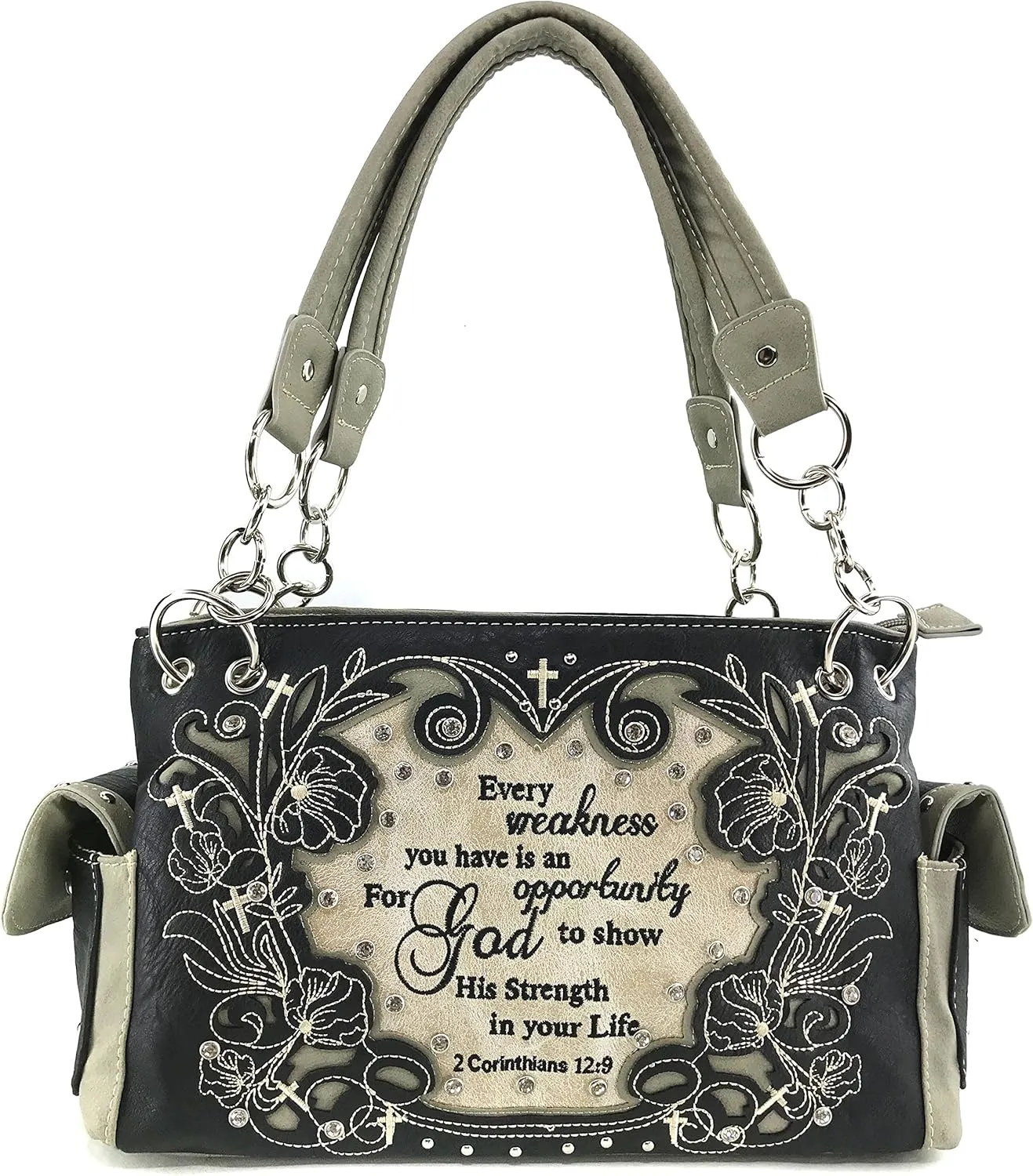 Justin West Embroidery Floral 2 Corinthians 12:9 Bible Verse Rhinestone Tote Shoulder Concealed Carry Handbag Messenger Purse