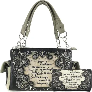Justin West Embroidery Floral 2 Corinthians 12:9 Bible Verse Rhinestone Tote Shoulder Concealed Carry Handbag Messenger Purse