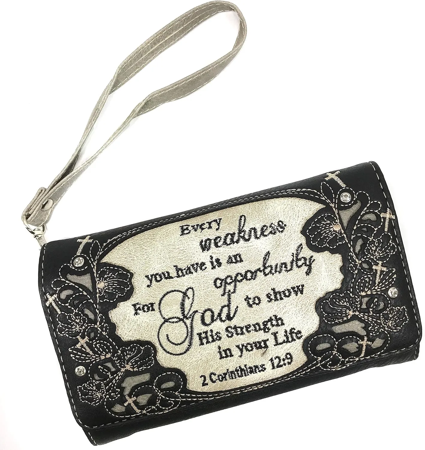 Justin West Embroidery Floral 2 Corinthians 12:9 Bible Verse Rhinestone Tote Shoulder Concealed Carry Handbag Messenger Purse