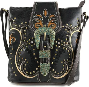 Justin West Patina Girl Western Bronze Floral Buckle Conceal Carry Handbag Purse Tote and Strap Wallet