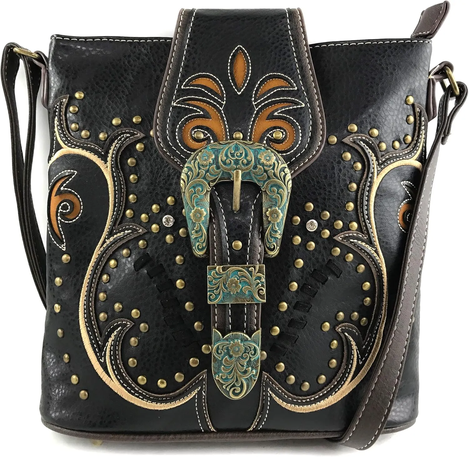 Justin West Patina Girl Western Bronze Floral Buckle Conceal Carry Handbag Purse Tote and Strap Wallet