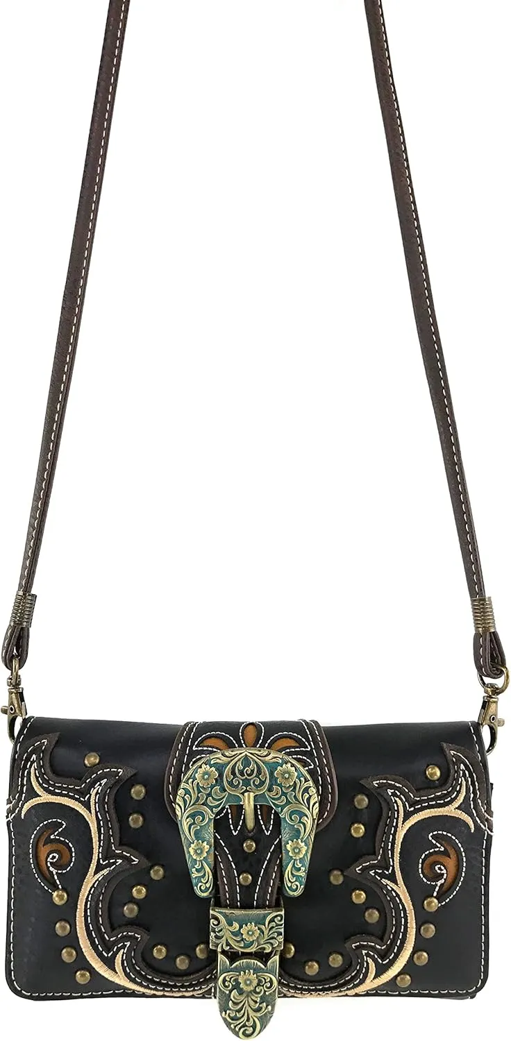 Justin West Patina Girl Western Bronze Floral Buckle Conceal Carry Handbag Purse Tote and Strap Wallet