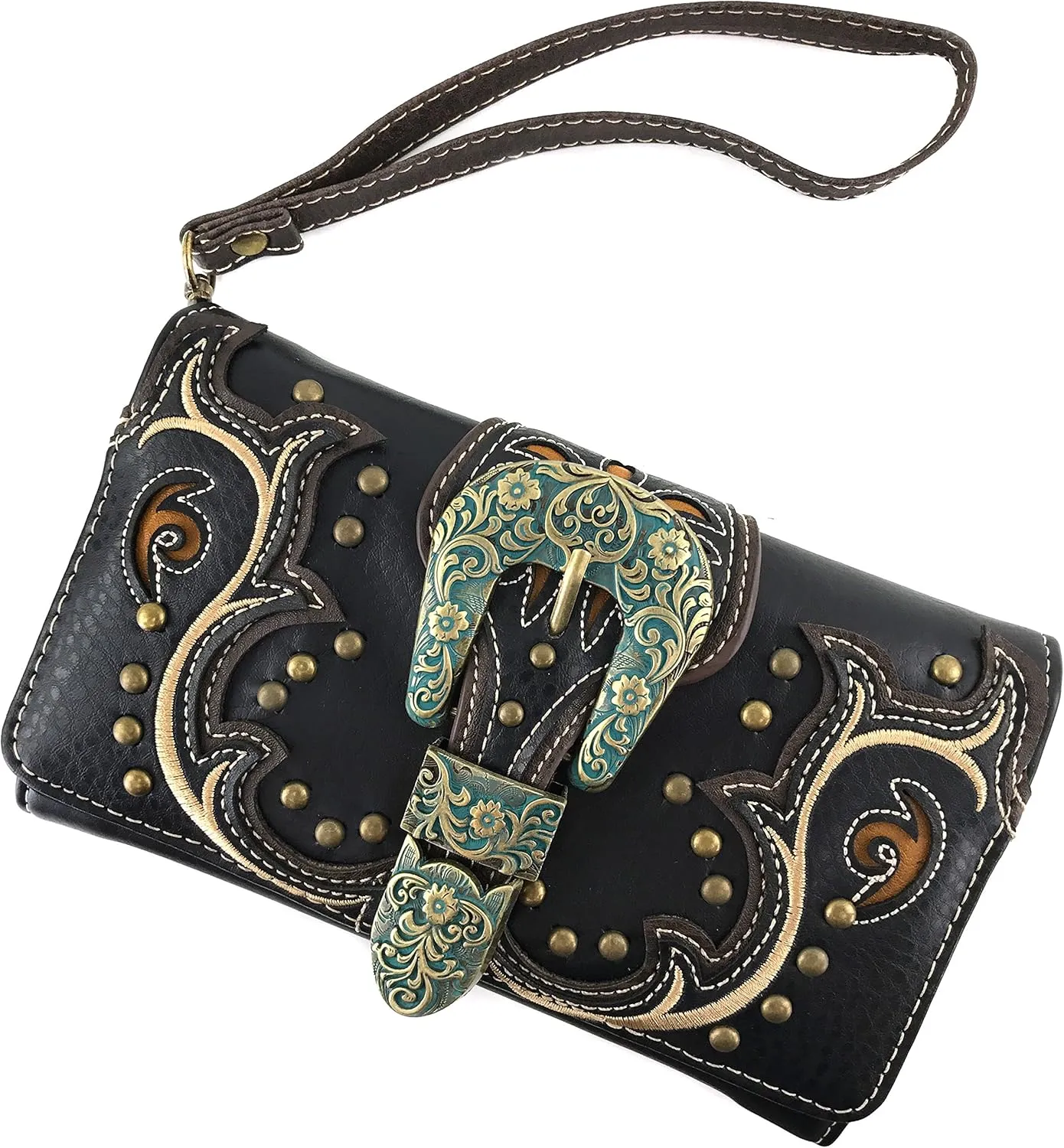 Justin West Patina Girl Western Bronze Floral Buckle Conceal Carry Handbag Purse Tote and Strap Wallet
