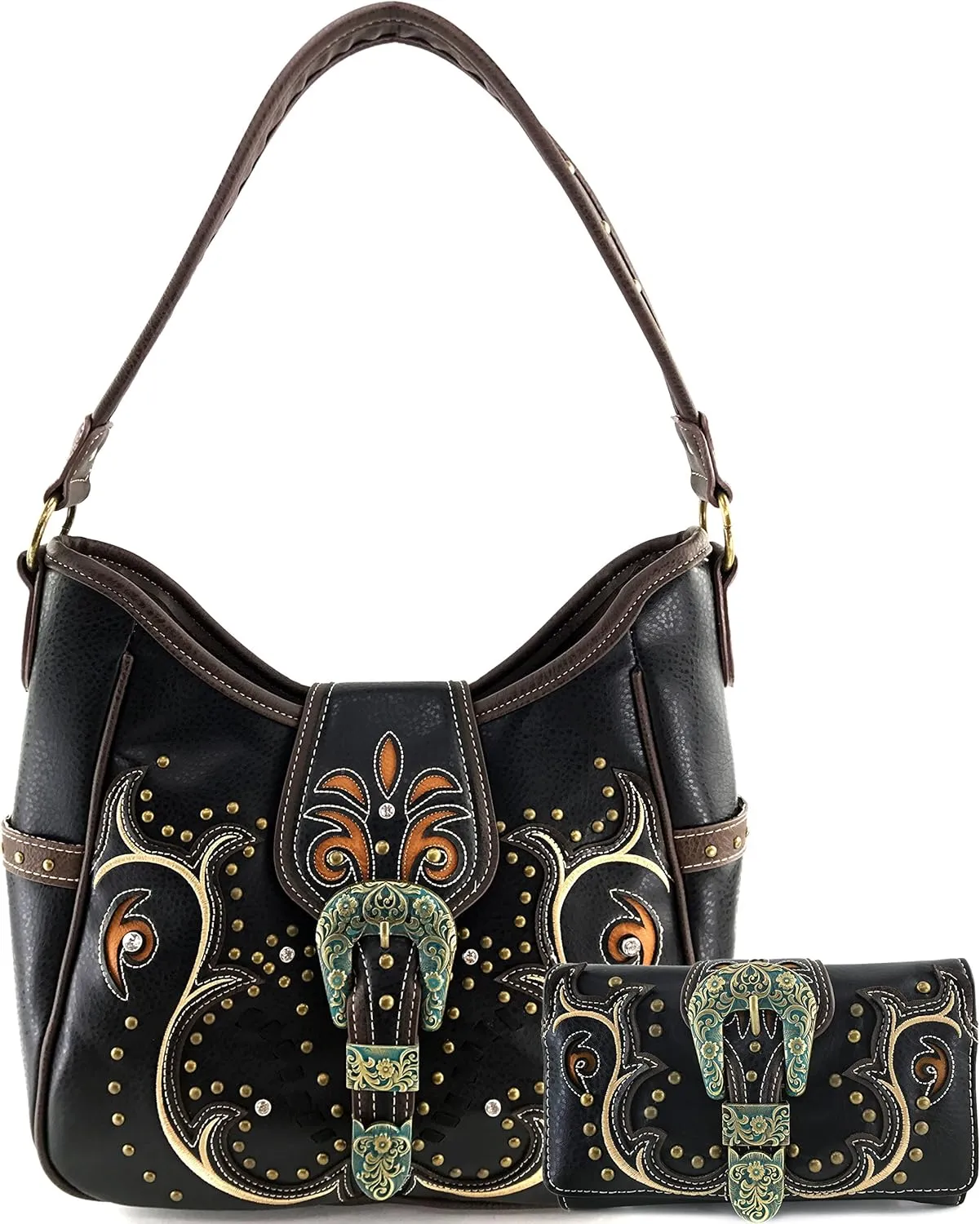 Justin West Patina Girl Western Bronze Floral Buckle Conceal Carry Handbag Purse Tote and Strap Wallet