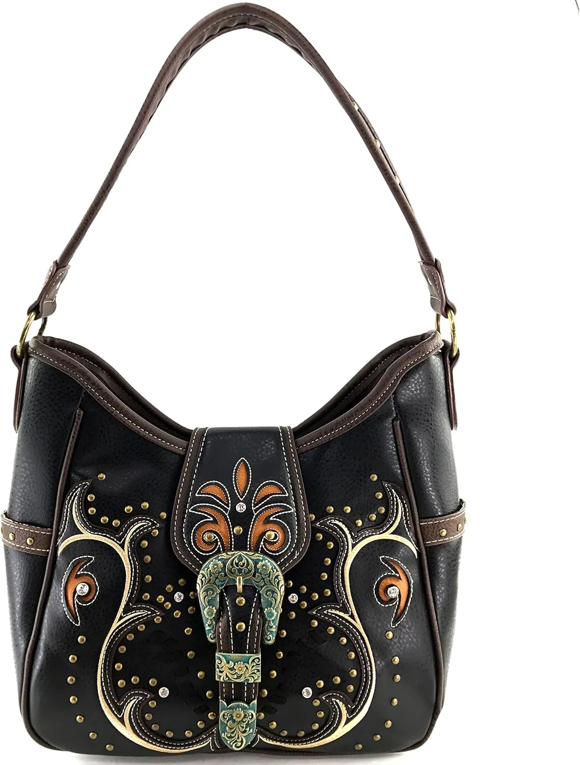 Justin West Patina Girl Western Bronze Floral Buckle Conceal Carry Handbag Purse Tote and Strap Wallet