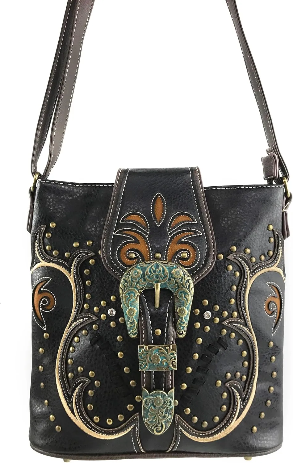Justin West Patina Girl Western Bronze Floral Buckle Conceal Carry Handbag Purse Tote and Strap Wallet
