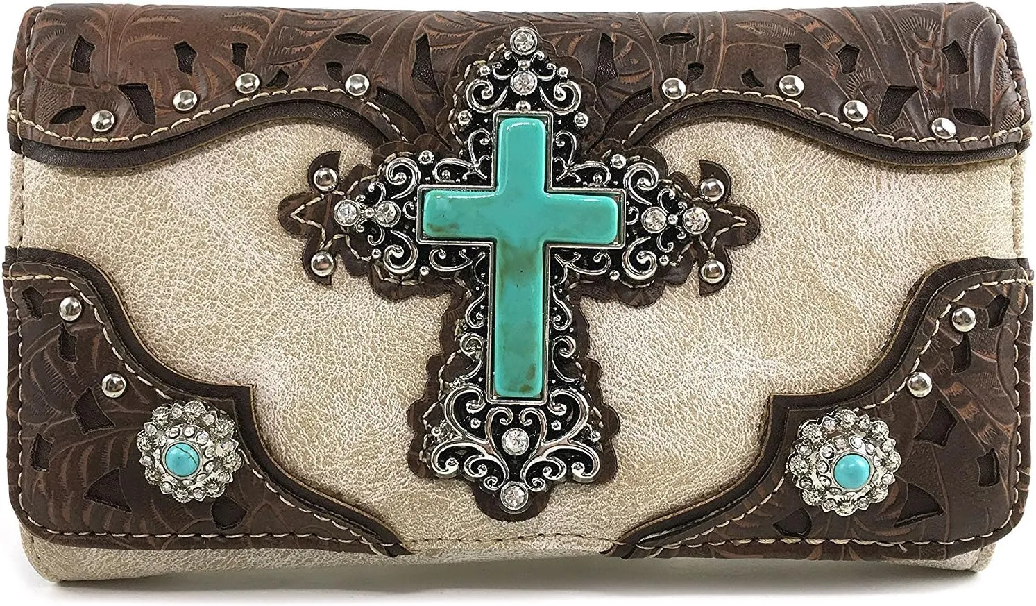 Justin West Tooled Leather Laser Cut Turquoise Rhinestone Cross Concho Studded Shoulder Tote Handbag Purse
