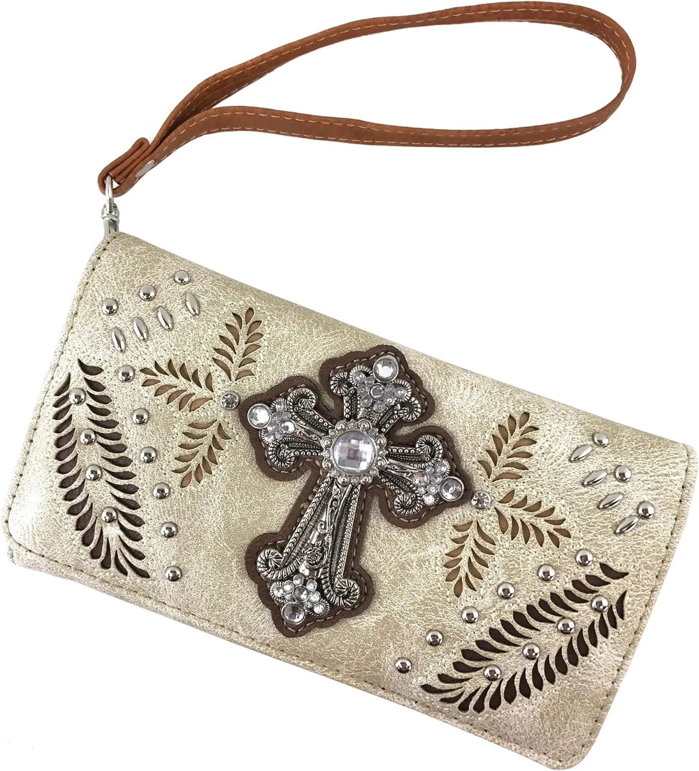 Justin West Tooled Leather Laser Cut Turquoise Rhinestone Cross Concho Studded Shoulder Tote Handbag Purse
