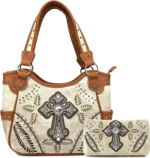 Justin West Tooled Leather Laser Cut Turquoise Rhinestone Cross Concho Studded Shoulder Tote Handbag Purse