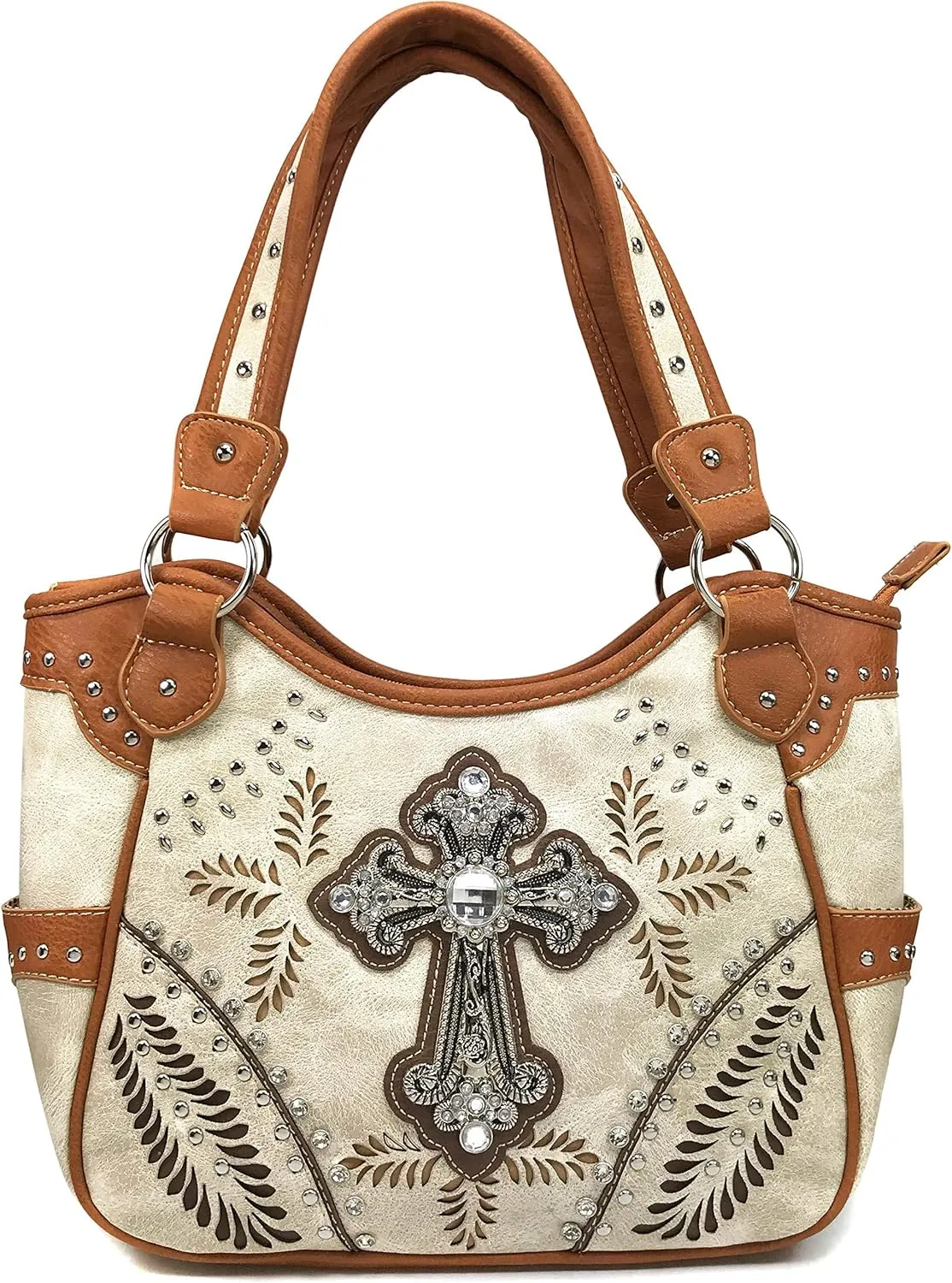 Justin West Tooled Leather Laser Cut Turquoise Rhinestone Cross Concho Studded Shoulder Tote Handbag Purse