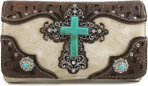 Justin West Tooled Leather Laser Cut Turquoise Rhinestone Cross Concho Studded Shoulder Tote Handbag Purse