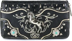 Justin West Western Embroidery Horse Turquoise Concho Rhinestone Studded Shoulder Tote Handbag Purse Wallet