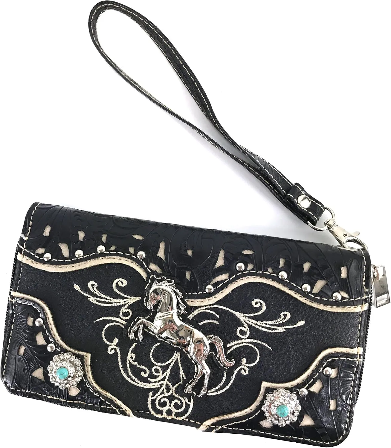 Justin West Western Embroidery Horse Turquoise Concho Rhinestone Studded Shoulder Tote Handbag Purse Wallet