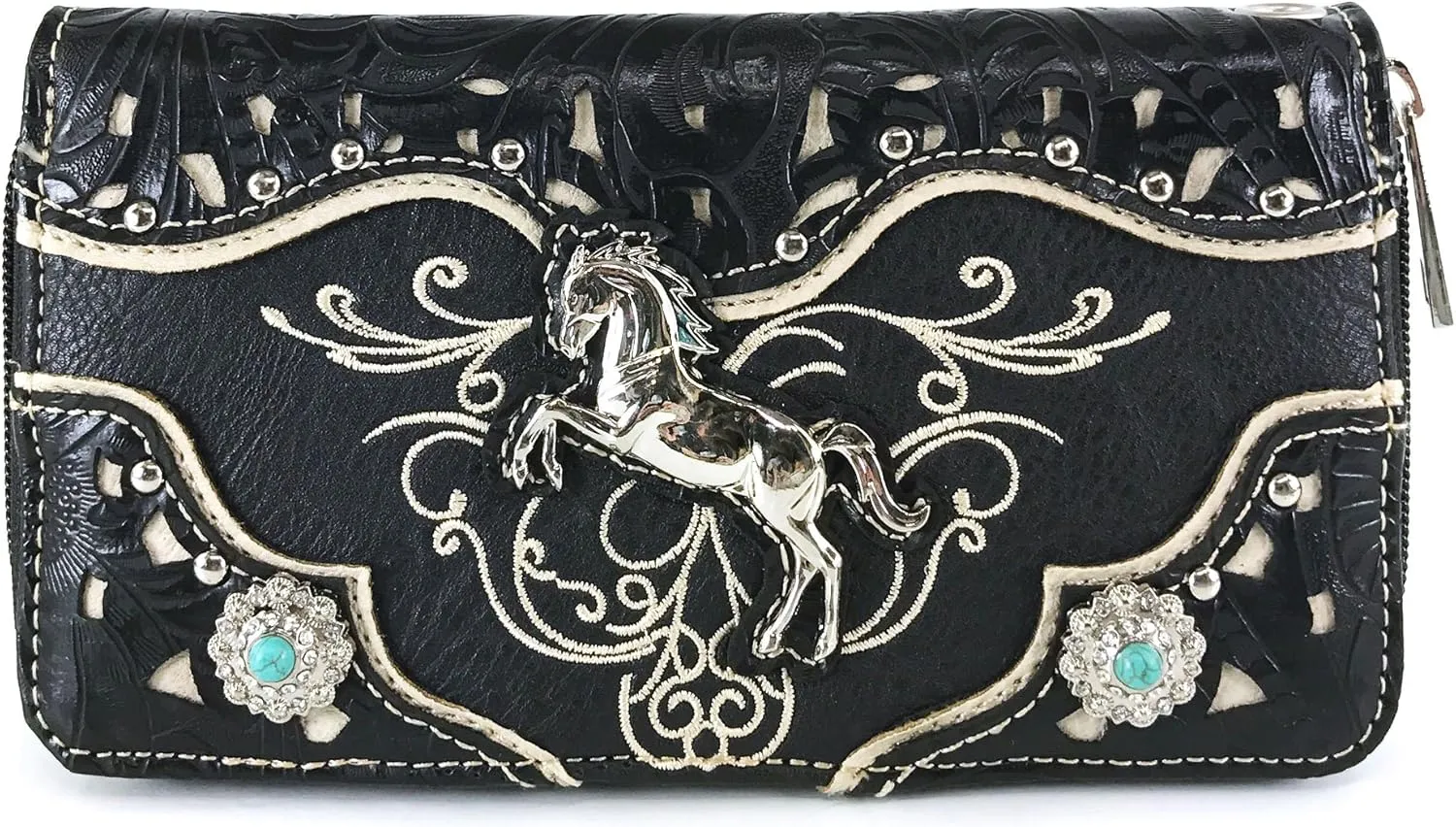 Justin West Western Embroidery Horse Turquoise Concho Rhinestone Studded Shoulder Tote Handbag Purse Wallet