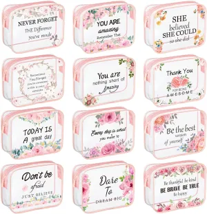 Kacctyen 12 Pcs Clear Makeup Bags Flower Bulk Inspirational Quotes Waterproof Portable with Toiletry Zipper Pink Clear PVC Travel Pouch Encouragement Quotes Bags Appreciation Gift for Mother Nurse
