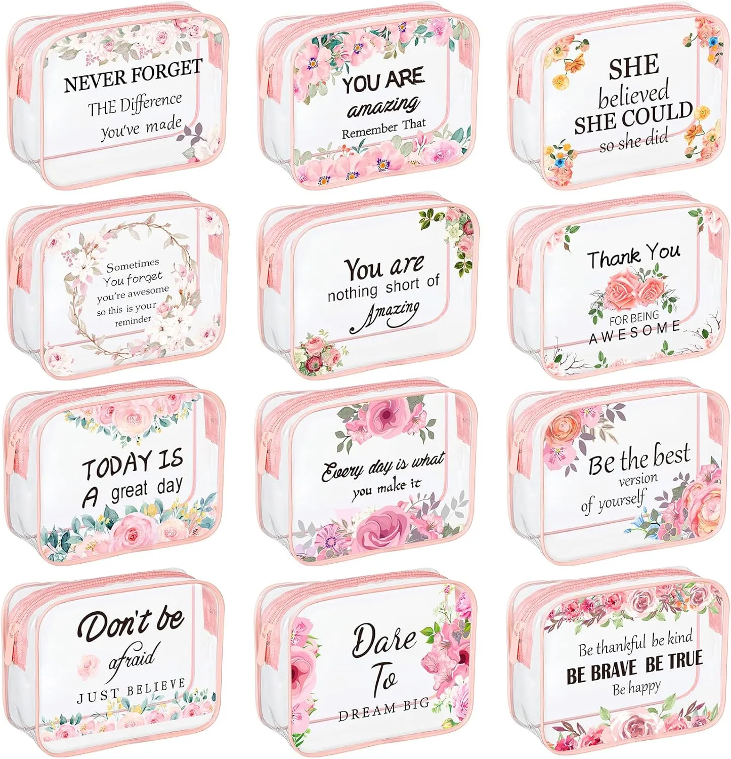 Kacctyen 12 Pcs Clear Makeup Bags Flower Bulk Inspirational Quotes Waterproof Portable with Toiletry Zipper Pink Clear PVC Travel Pouch Encouragement Quotes Bags Appreciation Gift for Mother Nurse