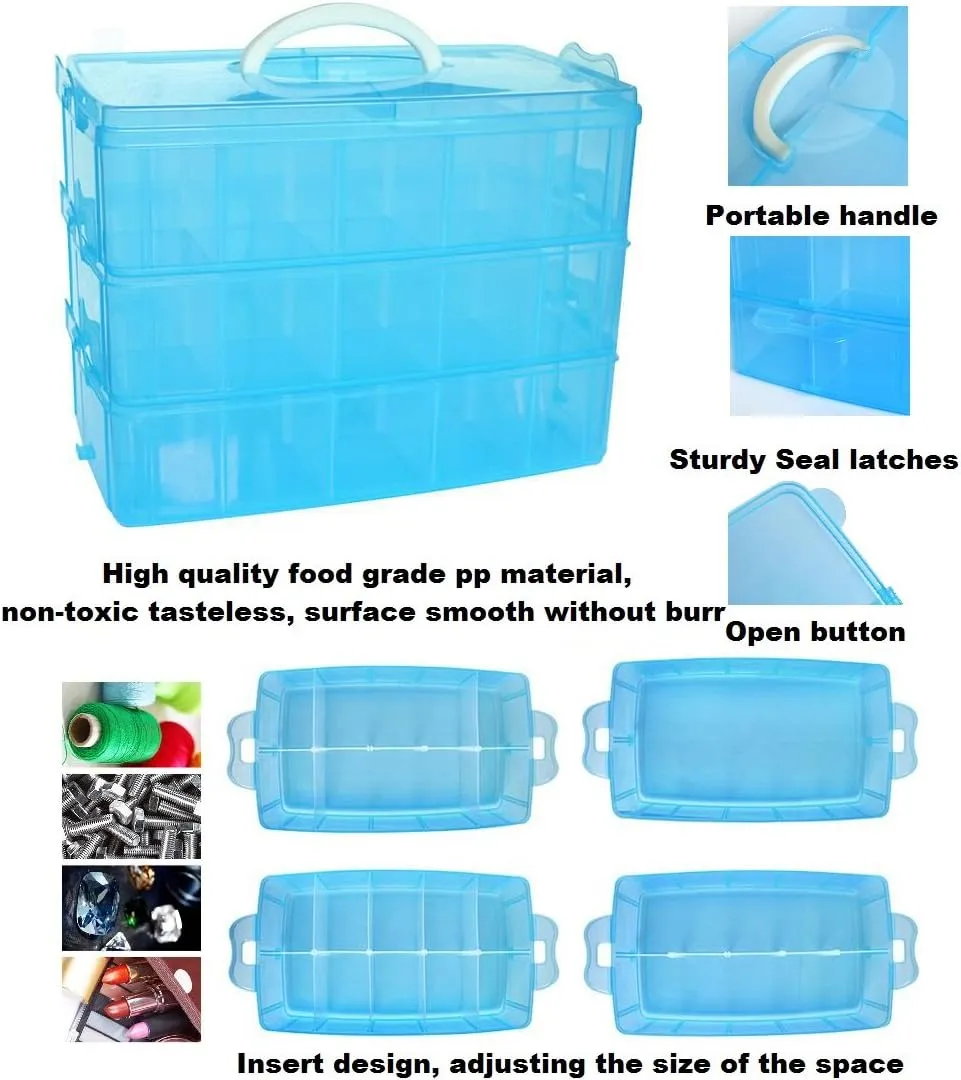 Kamay's Large 3 Tier Stackable Adjustable Compartment Slot Bead Craft Jewellery Tool Storage Organiser,Snap-lock Tray Container with 30 Compartments Orange