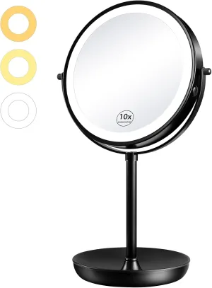 KEDSUM Rechargeable 1X/10X Lighted Magnifying Mirror, 8" Double Sided, 3 Color Lights, Brightness Adjustable, Makeup Mirror with Storage Tray