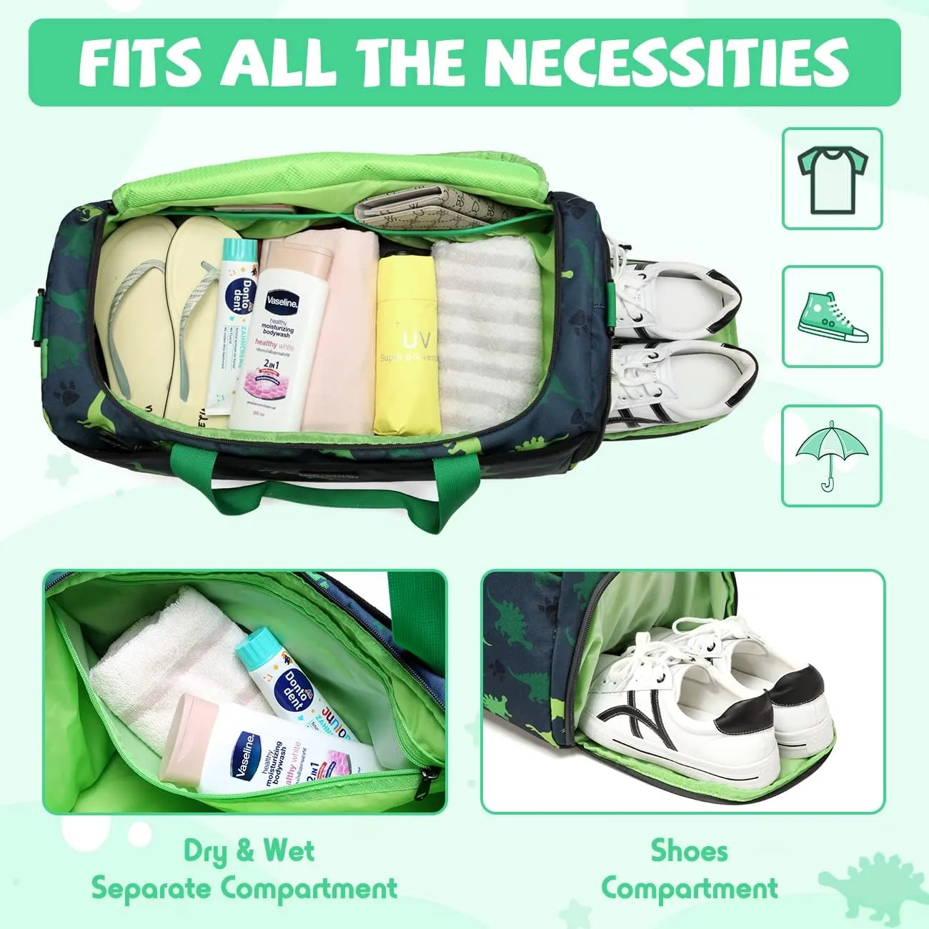 Kids Duffle Bag,VASCHY Travel Bag for Toddler Children Boys Water Resistant Overnight Duffel Ballet Dance Sport Carry On Weekender Bag with Shoes Compartment Dry Wet Pocket Green Dinosaur