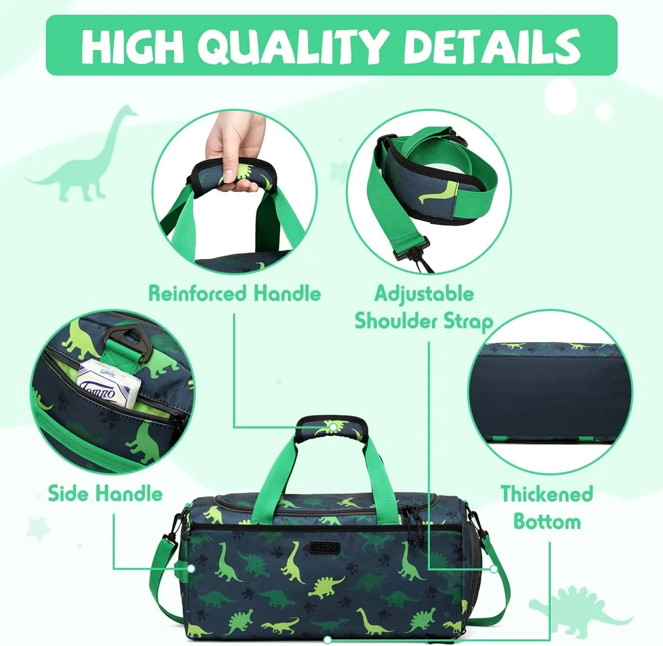 Kids Duffle Bag,VASCHY Travel Bag for Toddler Children Boys Water Resistant Overnight Duffel Ballet Dance Sport Carry On Weekender Bag with Shoes Compartment Dry Wet Pocket Green Dinosaur