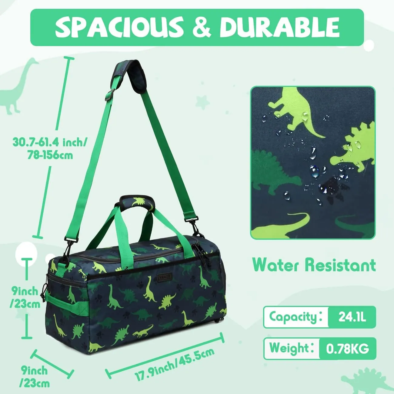 Kids Duffle Bag,VASCHY Travel Bag for Toddler Children Boys Water Resistant Overnight Duffel Ballet Dance Sport Carry On Weekender Bag with Shoes Compartment Dry Wet Pocket Green Dinosaur
