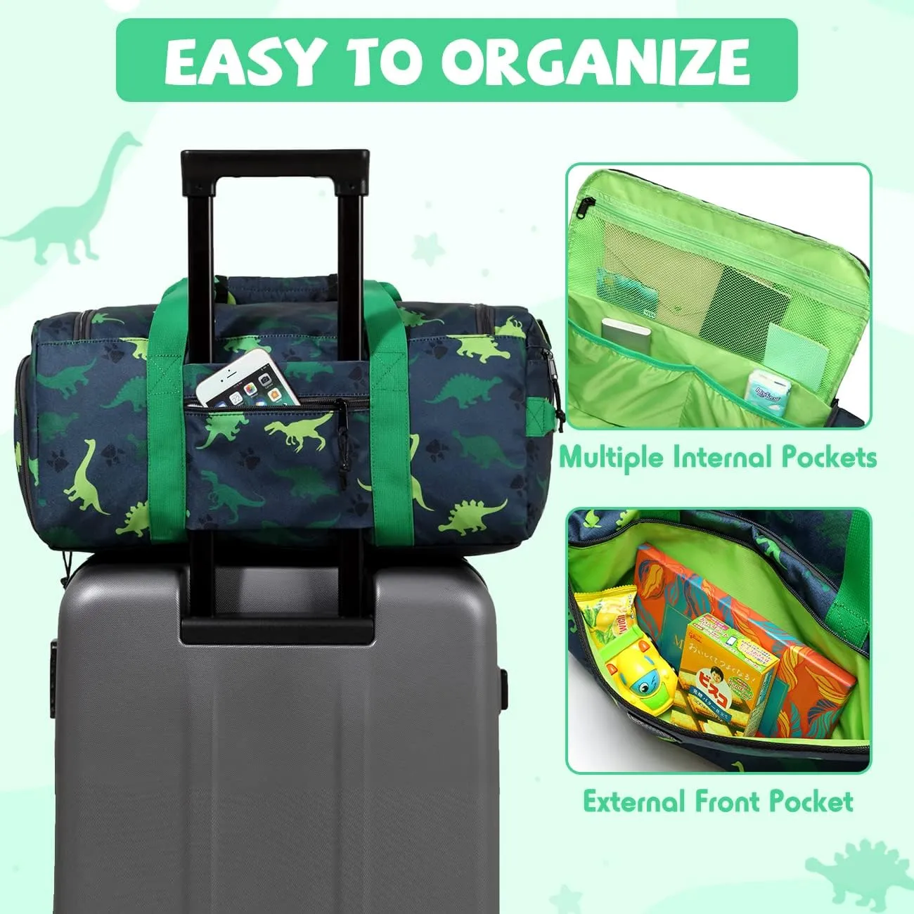 Kids Duffle Bag,VASCHY Travel Bag for Toddler Children Boys Water Resistant Overnight Duffel Ballet Dance Sport Carry On Weekender Bag with Shoes Compartment Dry Wet Pocket Green Dinosaur