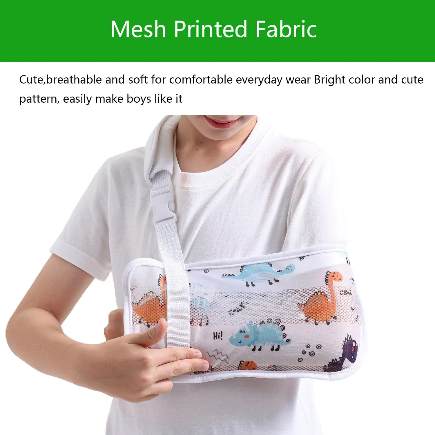Kids Mesh Arm Sling for Injured Arms | Adjustable & Comfortable Shoulder Support | Dinosaur Design | Youth Injury Recovery Brace (Dinosaur, Large)