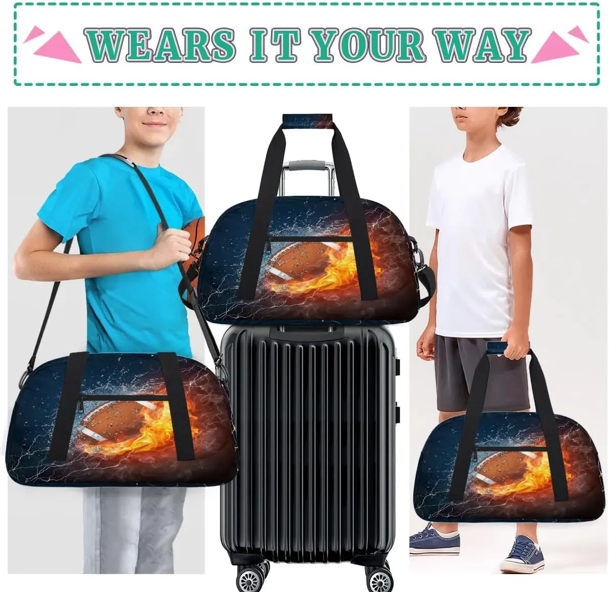 Kids Overnight Duffel Bags American Football Travel Sports Gym Bags for Boy Weekender Sleepover Bag Waterproof Carry on Tote Bag