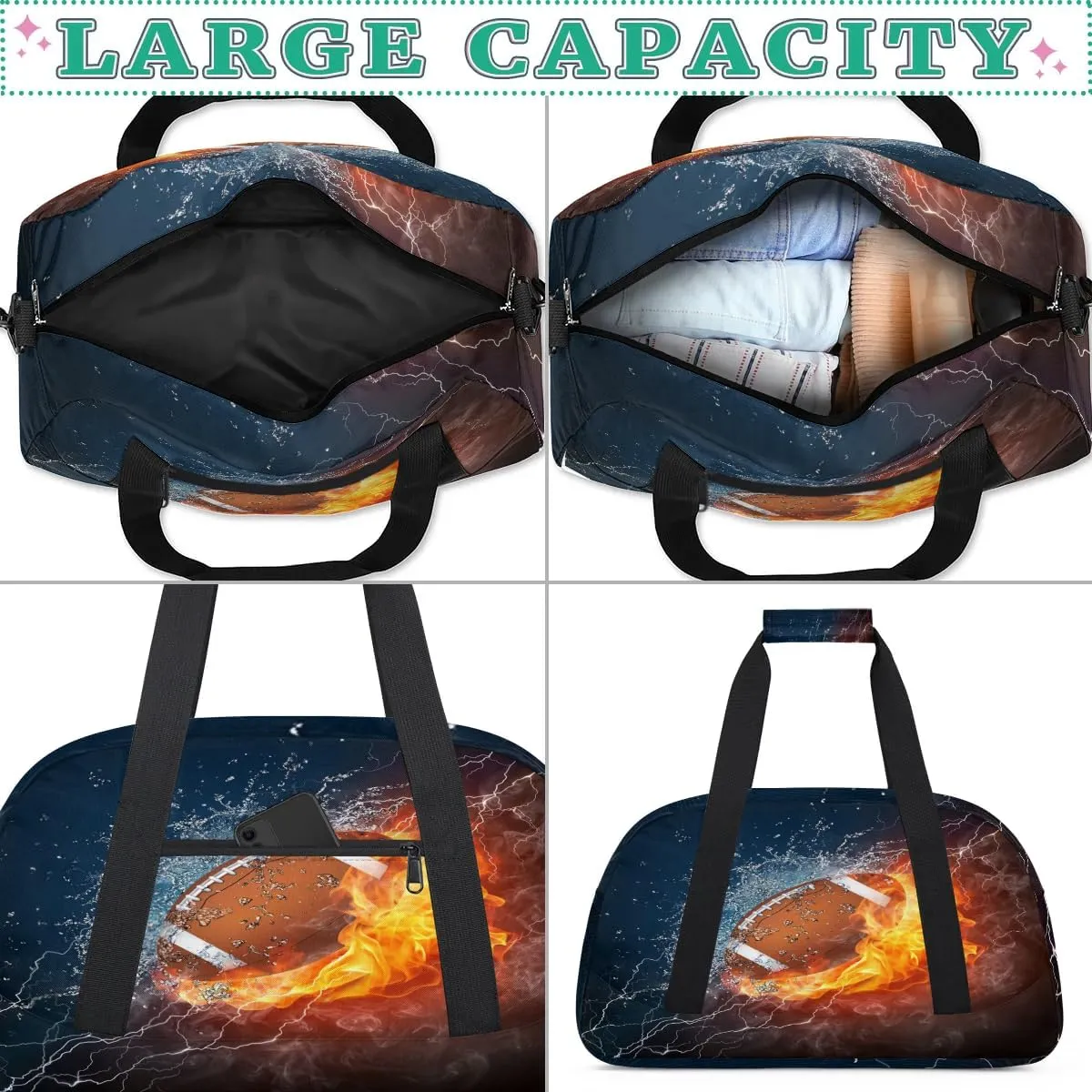 Kids Overnight Duffel Bags American Football Travel Sports Gym Bags for Boy Weekender Sleepover Bag Waterproof Carry on Tote Bag