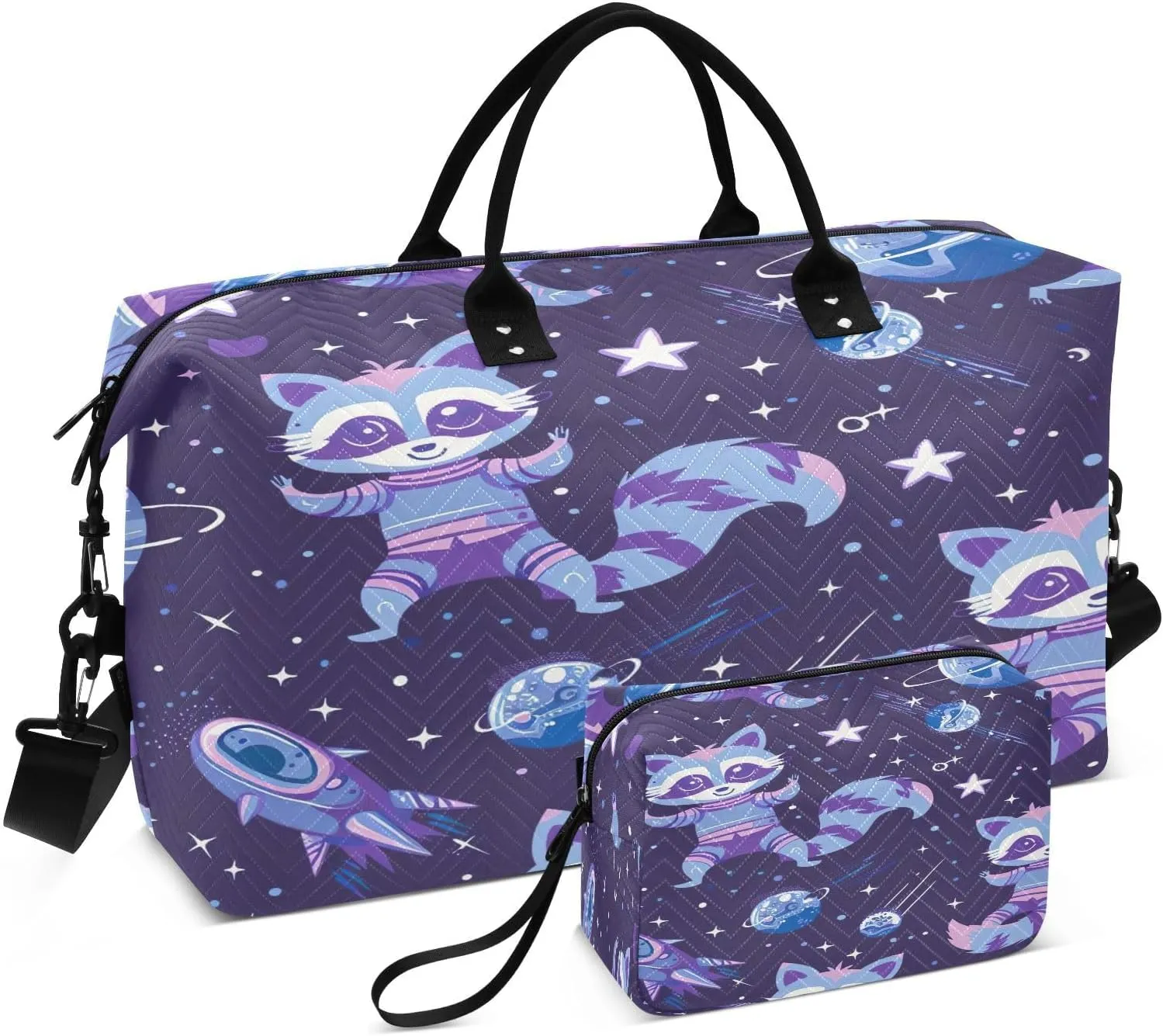 Kigai Astronaut Raccoon Travel Duffel Bags 2PCS,Sports Duffel Bags for Men Women,Weekender Overnight Bag Gym Tote Bag with Toiletry Bag