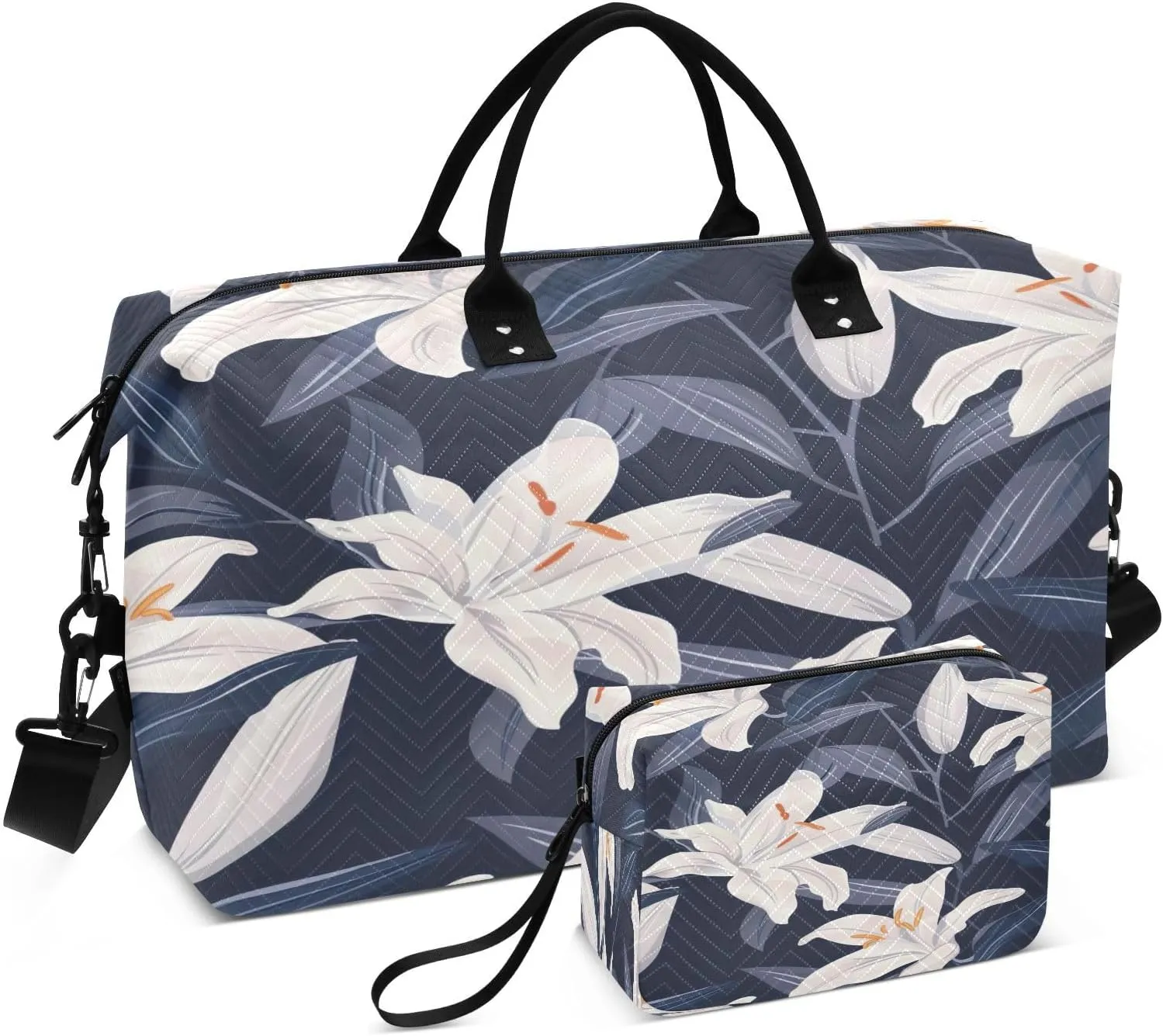 Kigai Beautiful White Lilies Travel Duffel Bags 2PCS,Sports Duffel Bags for Men Women,Weekender Overnight Bag Gym Tote Bag with Toiletry Bag