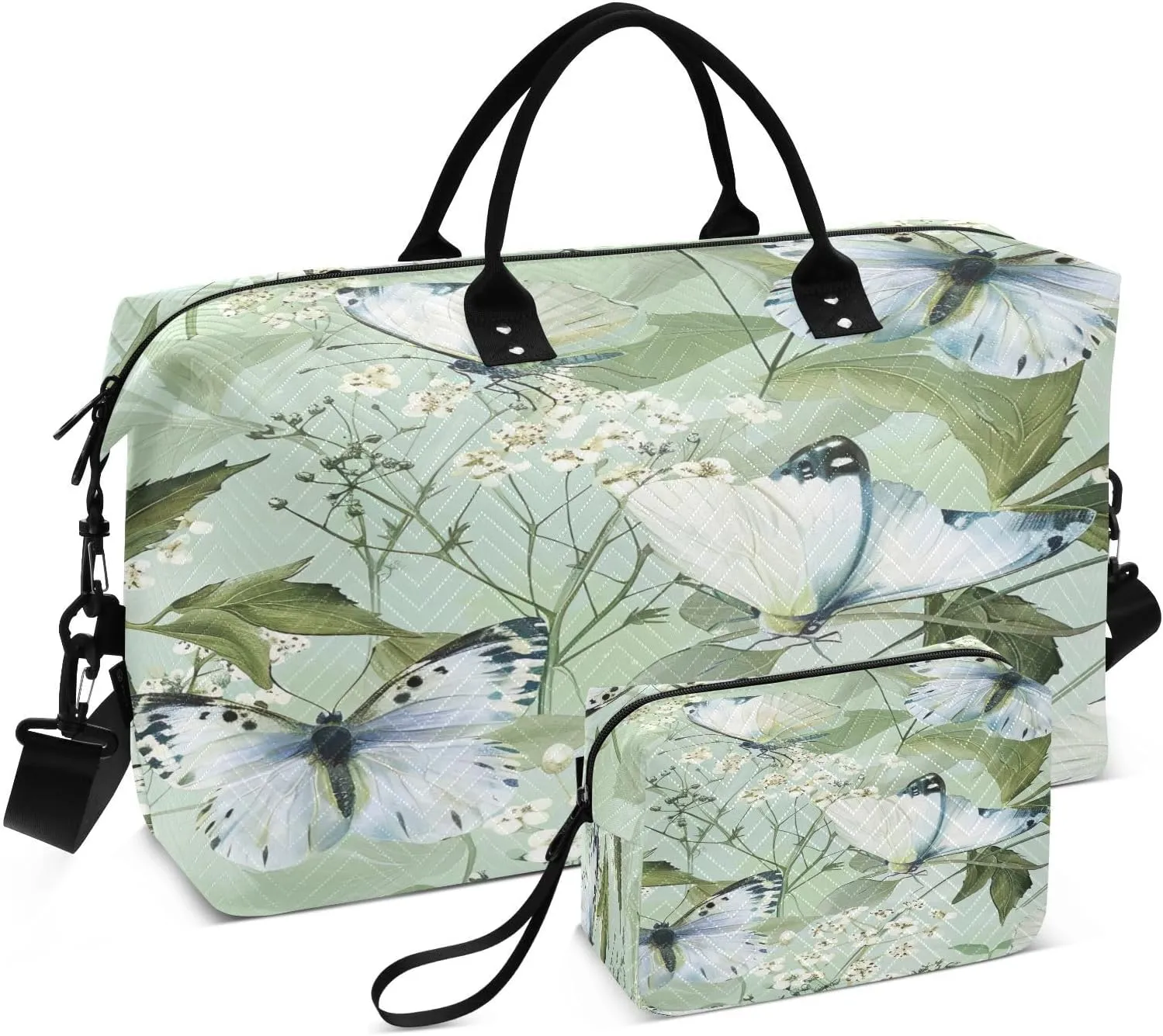 Kigai Green Moth Travel Duffel Bags 2PCS,Sports Duffel Bags for Men Women,Weekender Overnight Bag Gym Tote Bag with Toiletry Bag