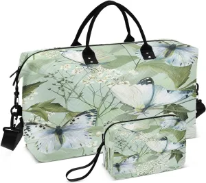 Kigai Green Moth Travel Duffel Bags 2PCS,Sports Duffel Bags for Men Women,Weekender Overnight Bag Gym Tote Bag with Toiletry Bag
