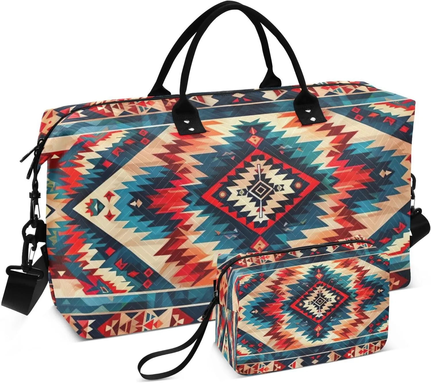 Kigai Native American Tapestry Patterns Travel Duffel Bags 2PCS,Sports Duffel Bags for Men Women,Weekender Overnight Bag Gym Tote Bag with Toiletry Bag
