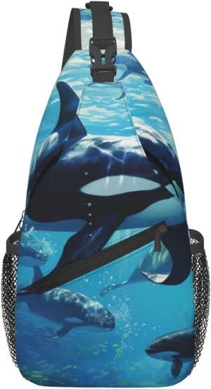 Killer Whales Swim Along Print Sling Bag Crossbody Backpack For Women Men Hiking Travel Over The Shoulder Multipurpose Bag