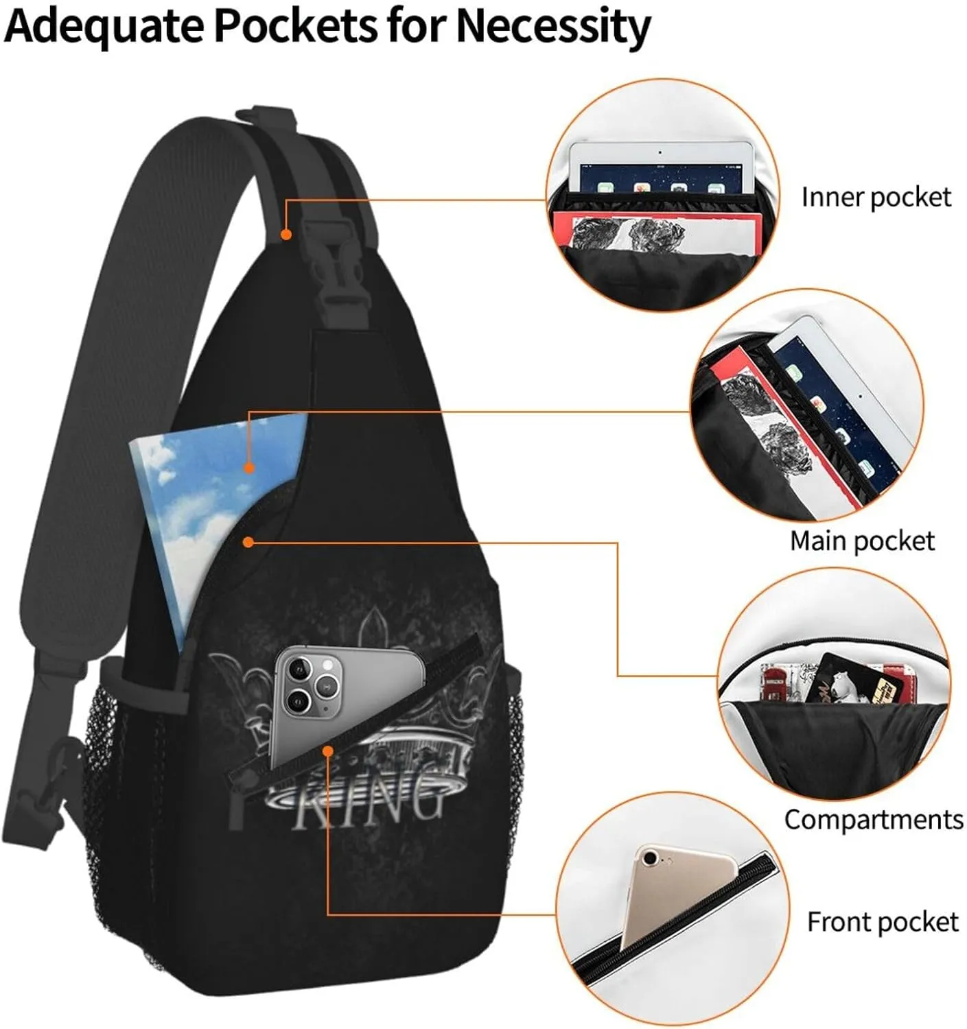 King Shoulder Bag Cool Sling Backpack Daypack Casual Bag Mens Backpack Bag for Outdoor