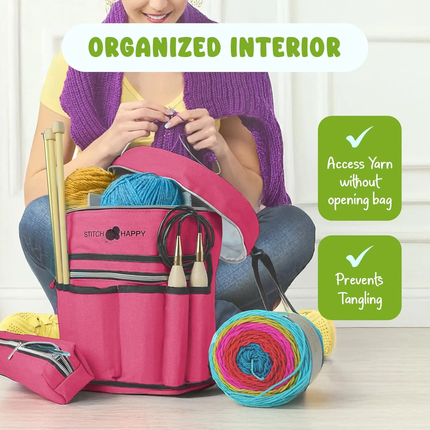 Knitting Bag (Fuchsia): 7 Pocket Yarn Bag, Knitting Tote, Crochet Storage