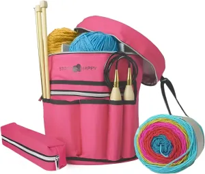 Knitting Bag (Fuchsia): 7 Pocket Yarn Bag, Knitting Tote, Crochet Storage