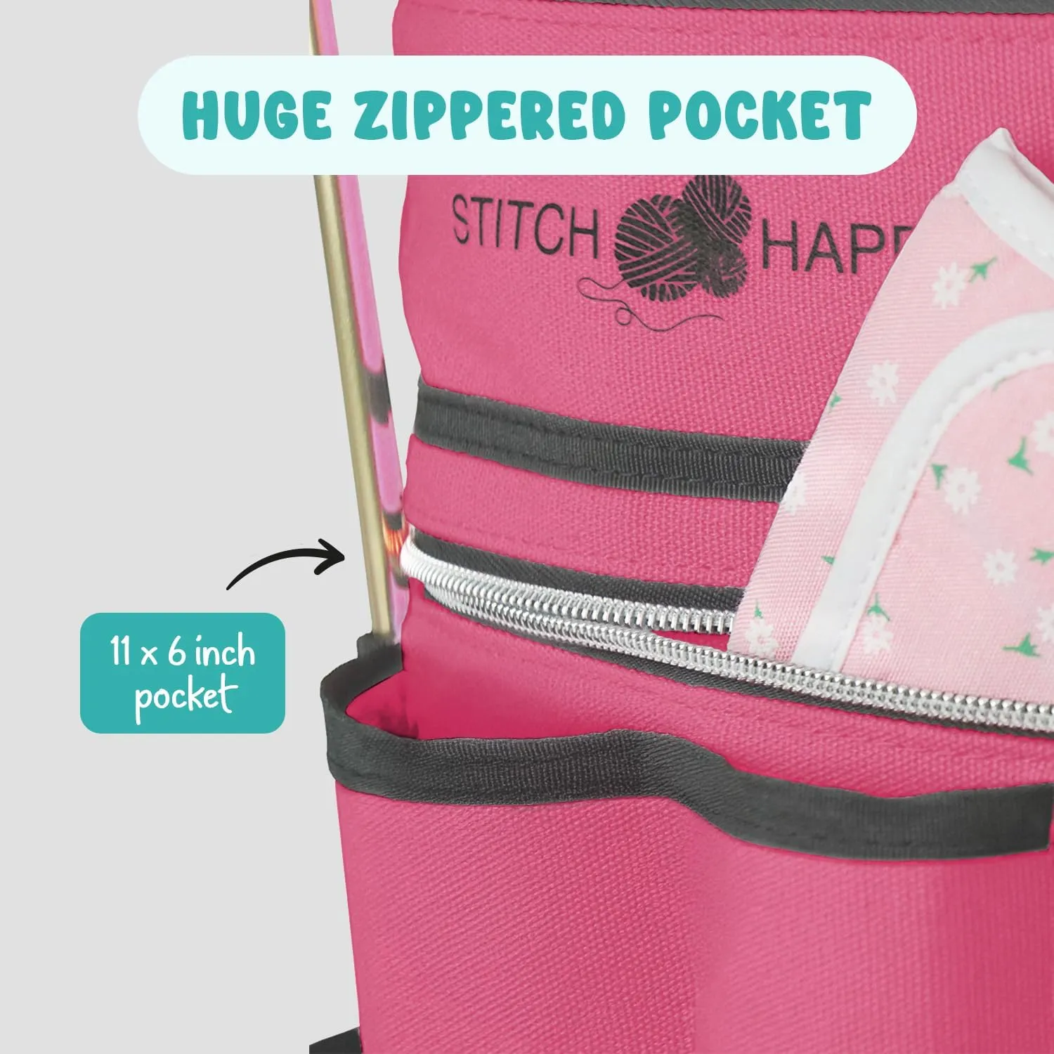 Knitting Bag (Fuchsia): 7 Pocket Yarn Bag, Knitting Tote, Crochet Storage