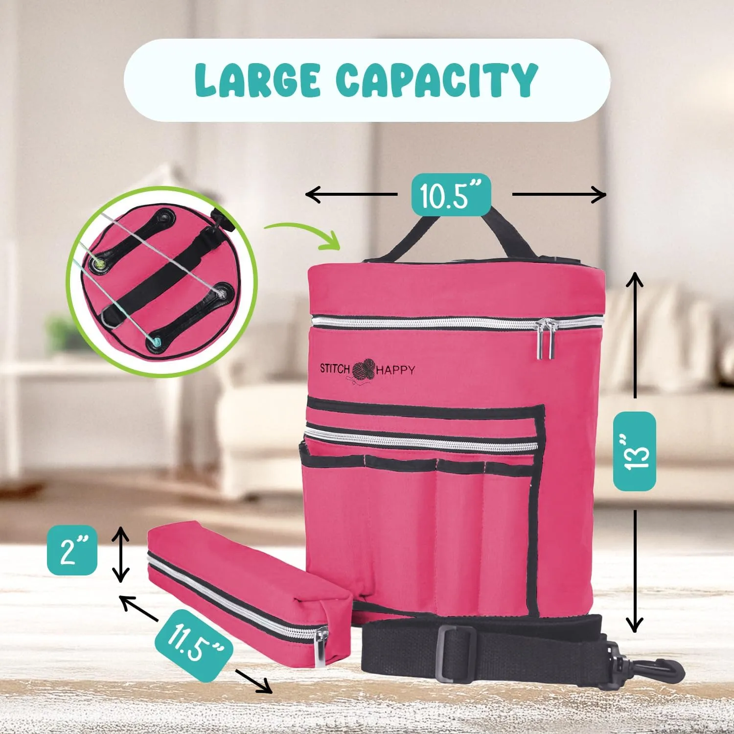 Knitting Bag (Fuchsia): 7 Pocket Yarn Bag, Knitting Tote, Crochet Storage
