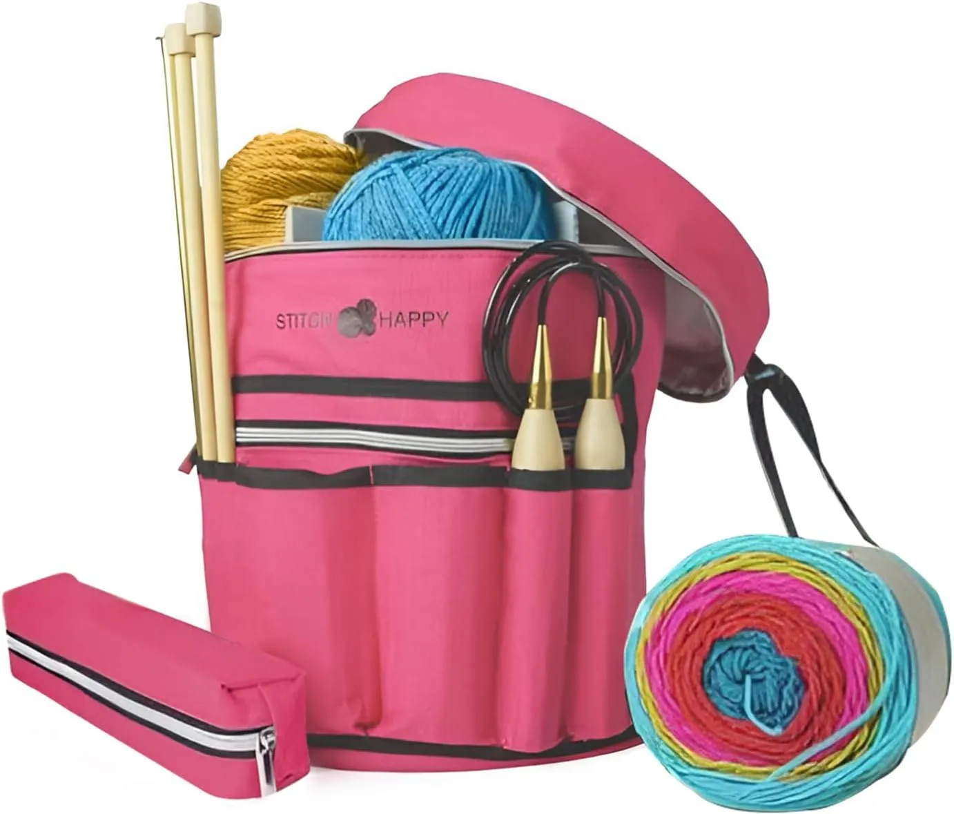 Knitting Bag (Fuchsia): 7 Pocket Yarn Bag, Knitting Tote, Crochet Storage