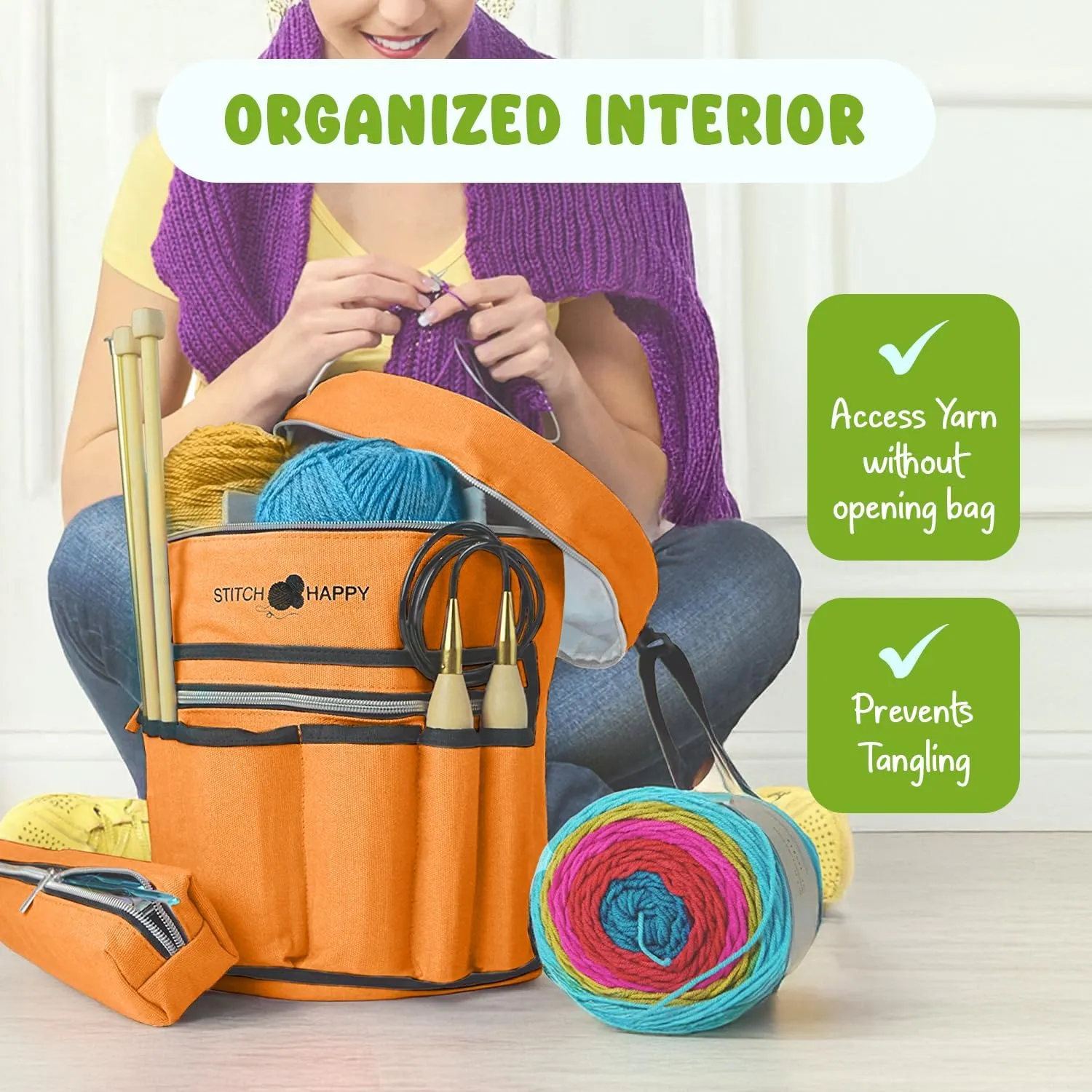 Knitting Bag (Orange): 7 Pocket Yarn Bag, Knitting Tote, or Crochet Storage