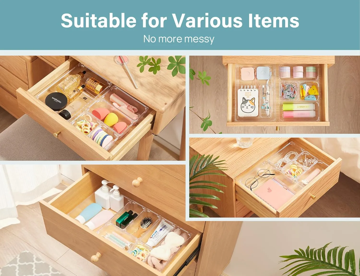 Kootek 28 Pcs Drawer Organizer Set, 4-Size Bathroom Vanity Trays Makeup Desk Dividers Versatile Storage Bins Clear Plastic Container for Dresser, Bedroom, Kitchen, Office