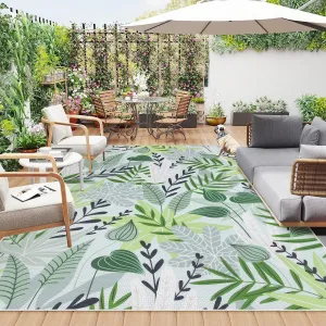 Lahome Leaf Indoor Outdoor Rug 8x10, Non Slip Outdoor Patio Rug for Camping Picnic, Portable Large Outdoor Rugs for Balcony Deck Backyard, RV Mat Outdoor Carpet for Living Room Bedroom,Green