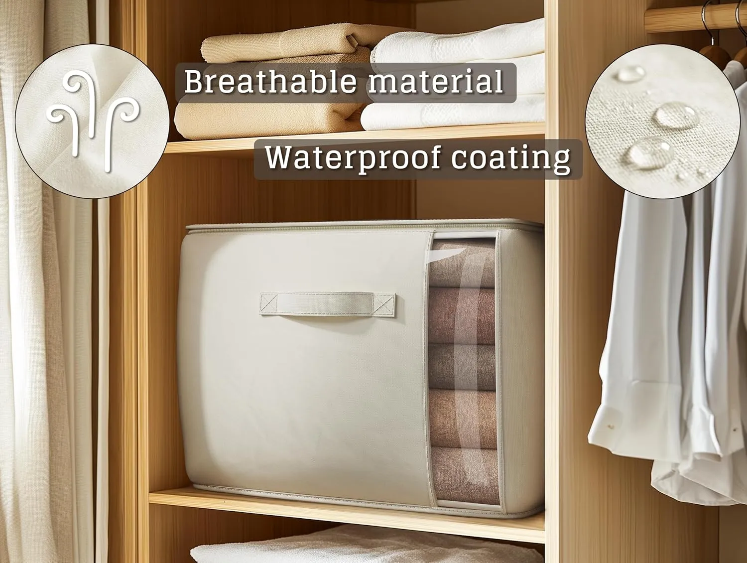Large Canvas Clothes Storage Bags with Thick Handles and Clear Window, Foldable Cotton Linen Closet Organizer for Clothing, Blankets and Bedding, 70L, 3 Pack, Beige