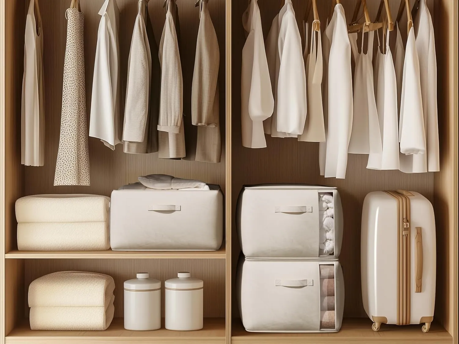 Large Canvas Clothes Storage Bags with Thick Handles and Clear Window, Foldable Cotton Linen Closet Organizer for Clothing, Blankets and Bedding, 70L, 3 Pack, Beige