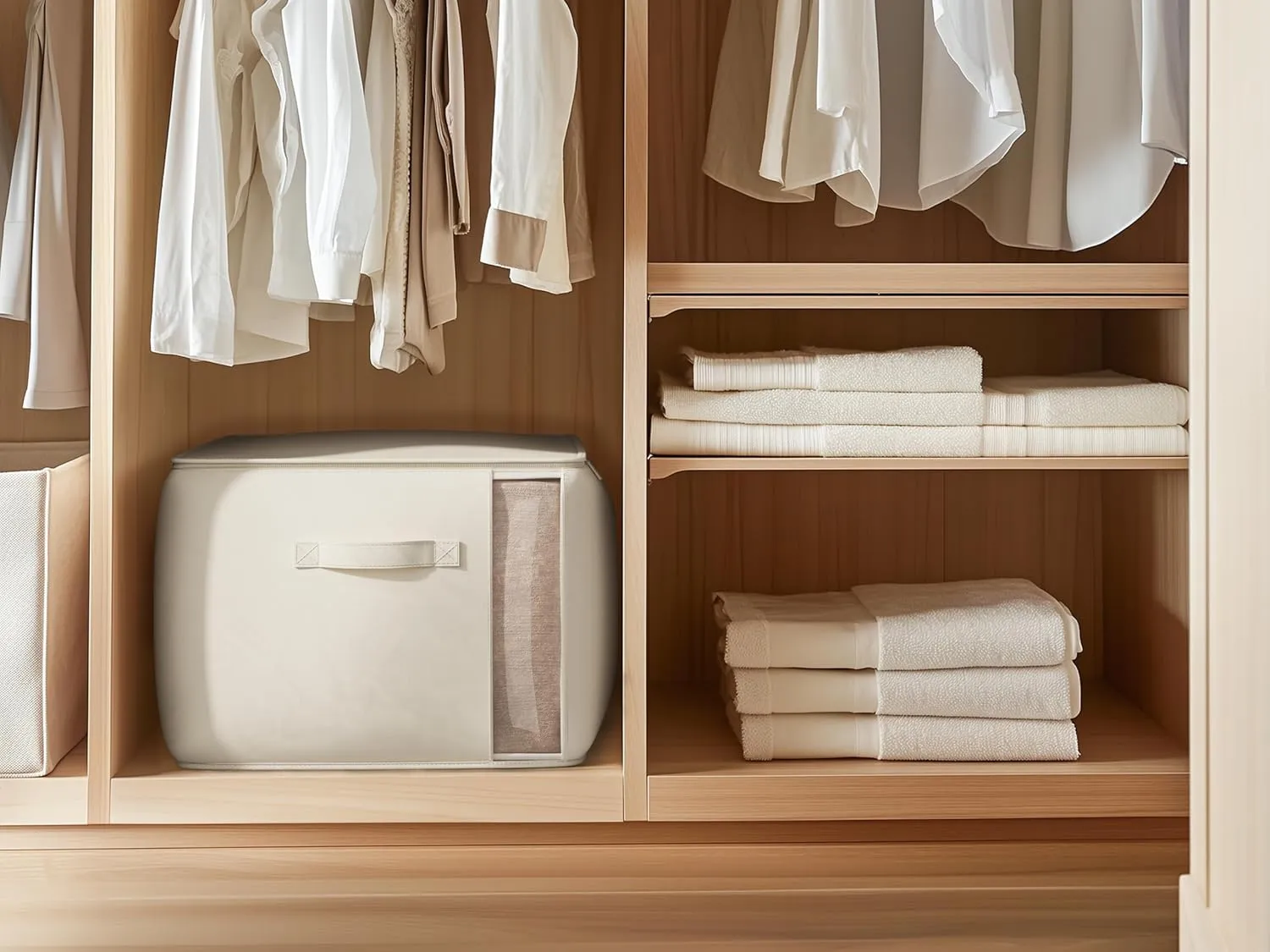 Large Canvas Clothes Storage Bags with Thick Handles and Clear Window, Foldable Cotton Linen Closet Organizer for Clothing, Blankets and Bedding, 70L, 3 Pack, Beige