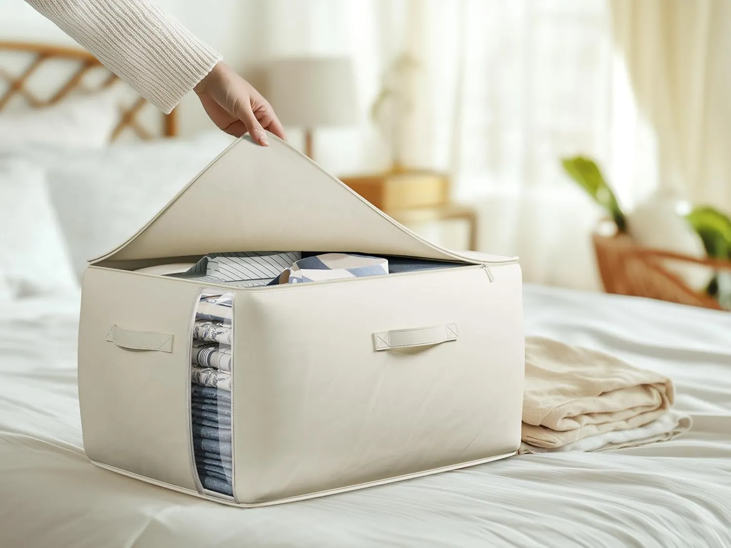 Large Canvas Clothes Storage Bags with Thick Handles and Clear Window, Foldable Cotton Linen Closet Organizer for Clothing, Blankets and Bedding, 70L, 3 Pack, Beige